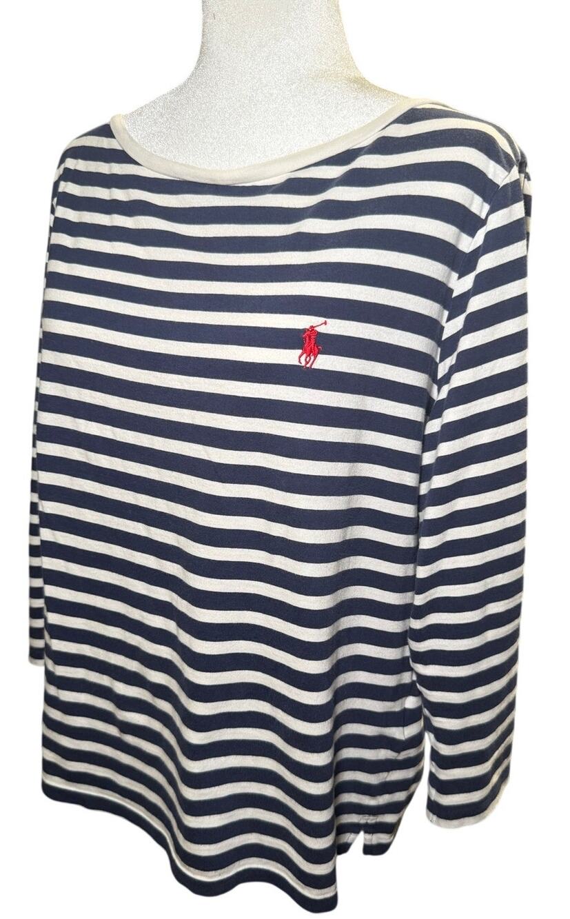 Polo Ralph Lauren Navy White Stripe Boat Neck 3/4 Sleeve Cotton Top, Women's XL